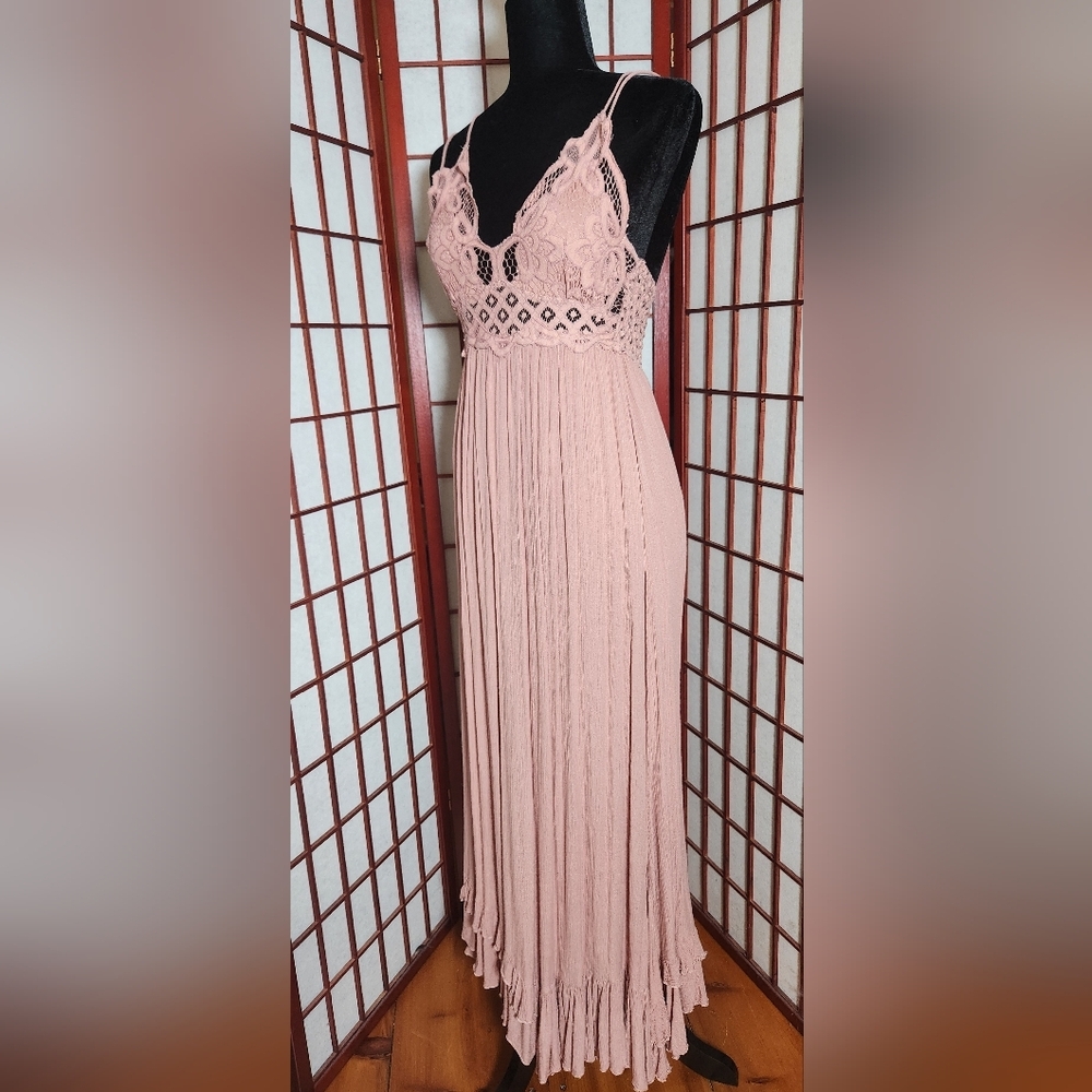 FP Movement Mauve long length sleeveless boho dress with embroidered top size S